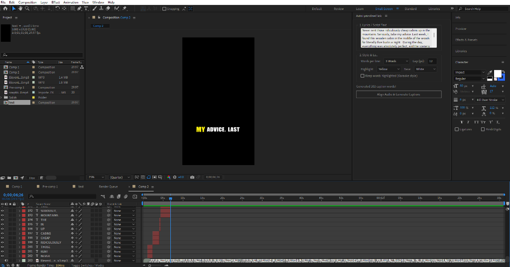 After Effects Workspace with AutoLyrics Panel
